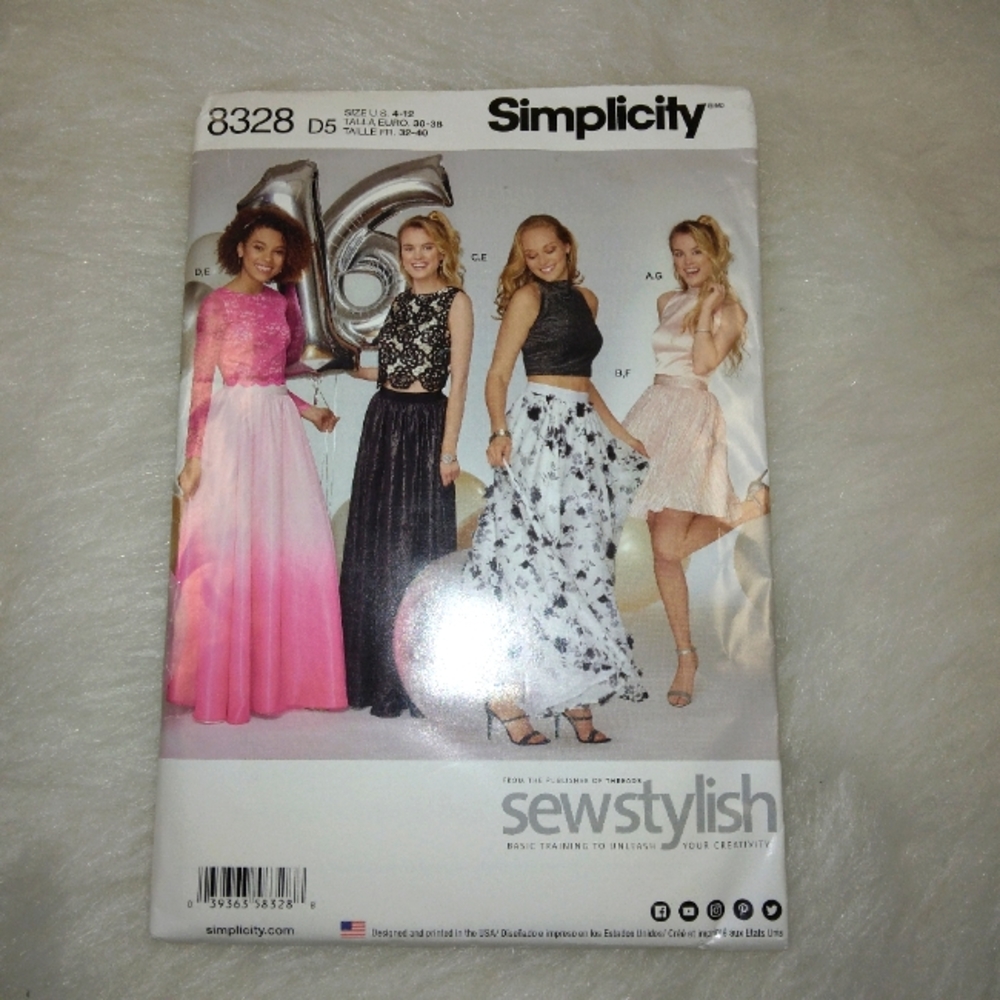 SIMPLICITY 8328 SZ 4-12 Misses special occasion tops and skirts in 2 lengths